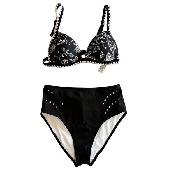 Cupshe Monochrome Magic Vine V-Neck Bikini Top & Moderate Bottoms Set Medium NEW - Picture 1 of 12